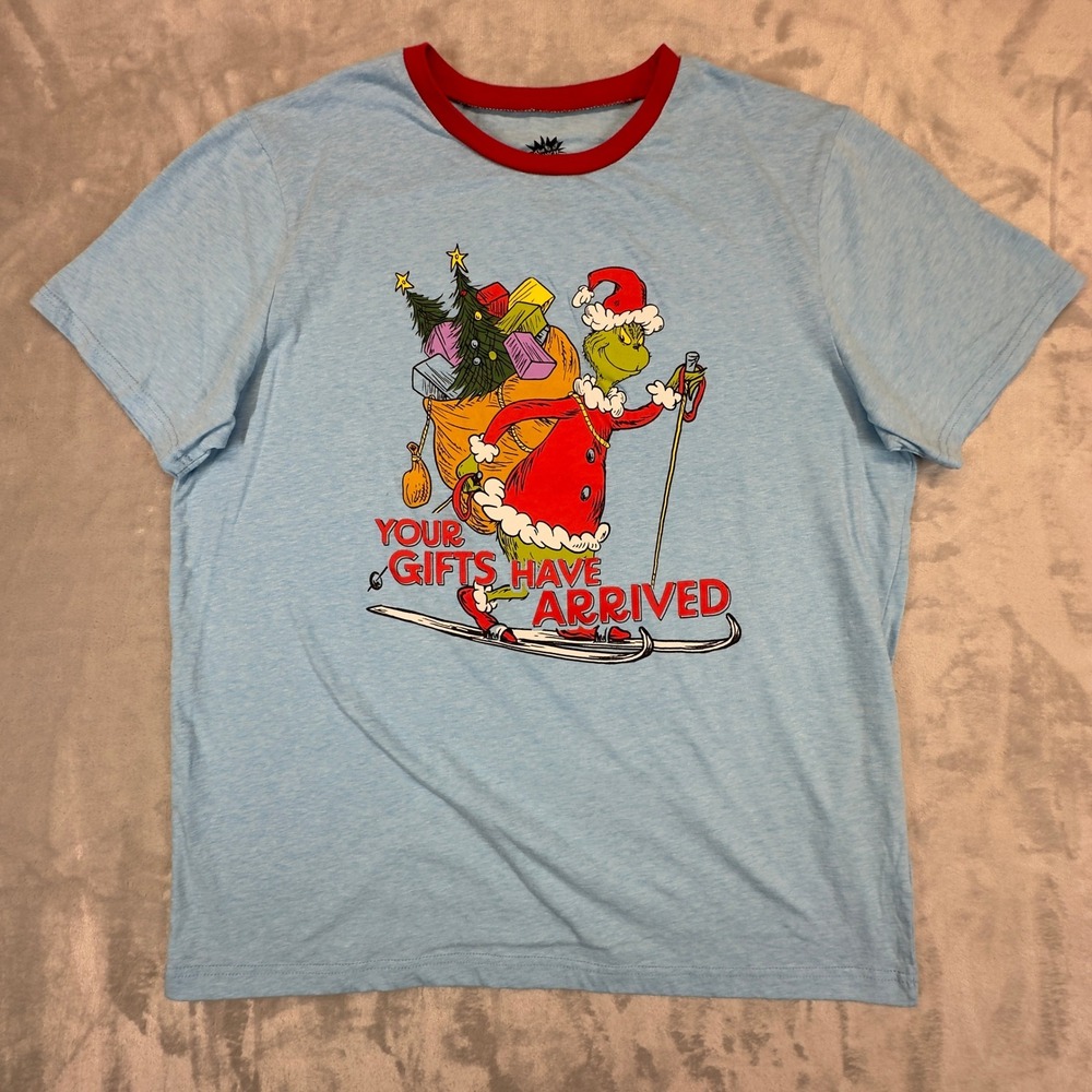 Grinch Dr Seuss Your‎ Gifts Have Arrived Ringer Tee Shirt Large Blue Christmas